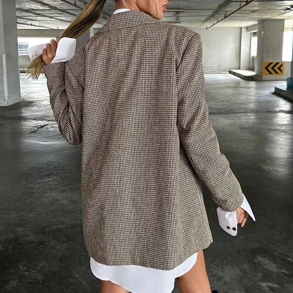 Brown Preppy Womens Lapel Neck Flap Detail Single Button Blazer - Picture 3 of 5